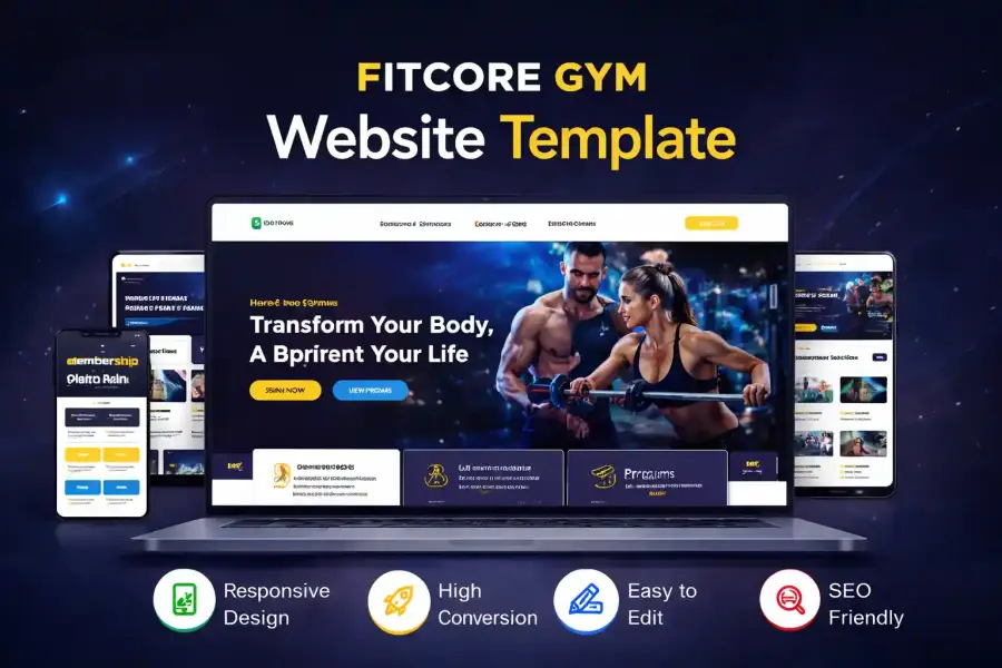 FitCore Gym Website Template – Modern Fitness Website Design main website theme preview by ThemeBazar