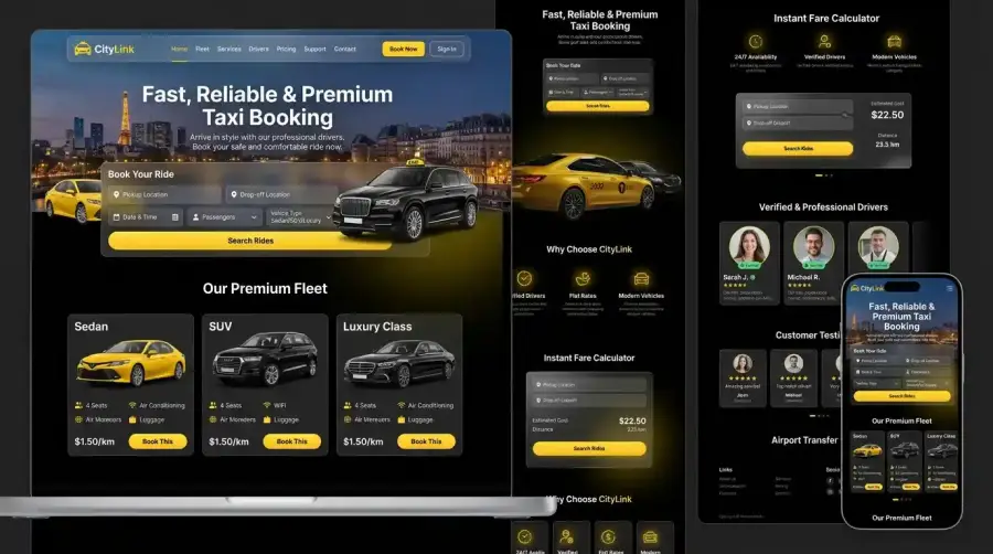 Taxi Booking Web – Online Cab Booking & Ride Management HTML Template main website theme preview by ThemeBazar