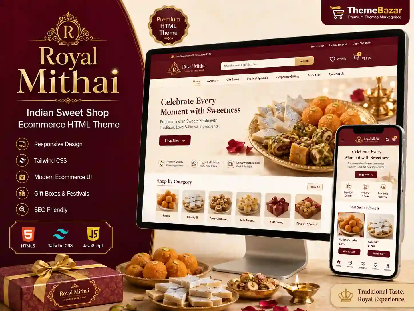 Laddu Gopal Pro – Indian Sweet Shop Ecommerce HTML Theme related website theme preview by ThemeBazar