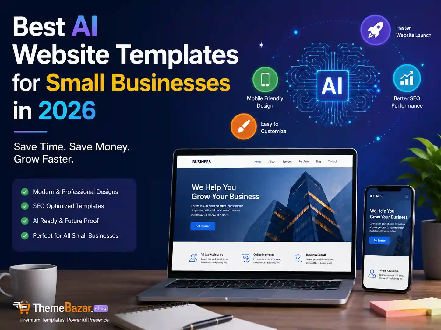 Best AI Website Templates for Small Businesses in 2026: Save Time and Grow Faster blog article thumbnail by ThemeBazar