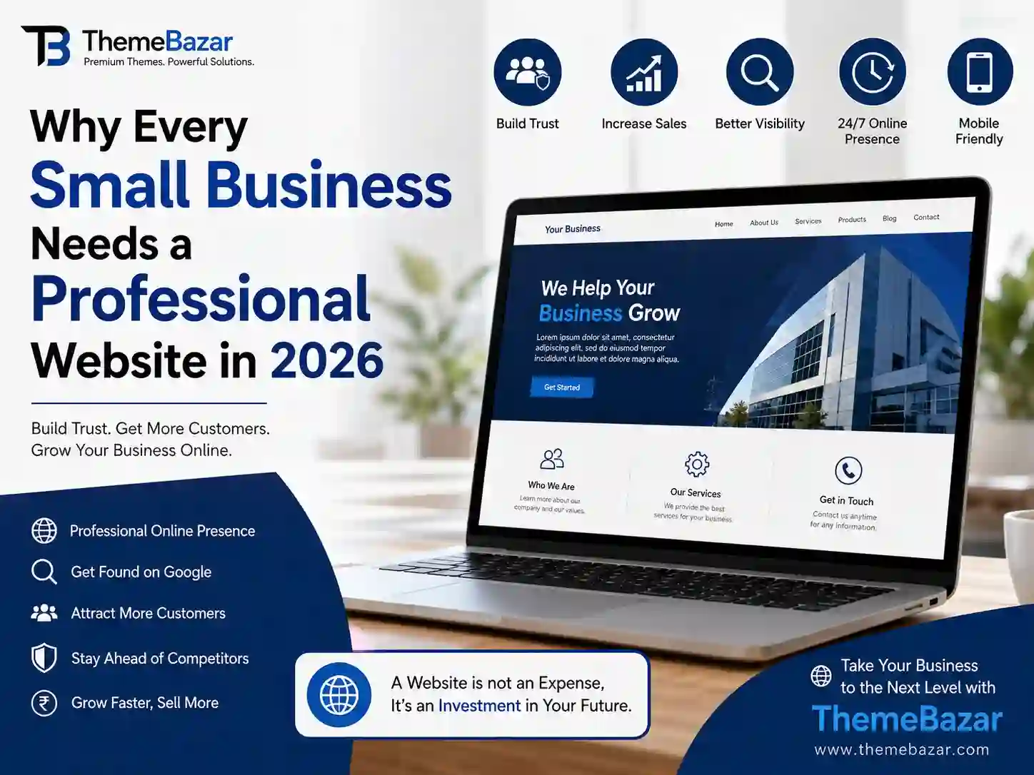 Why Every Small Business Needs a Professional Website in 2026 blog article thumbnail by ThemeBazar