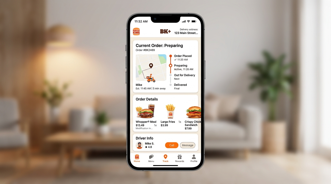 BurgerKing+ mobile app showing order tracking screen