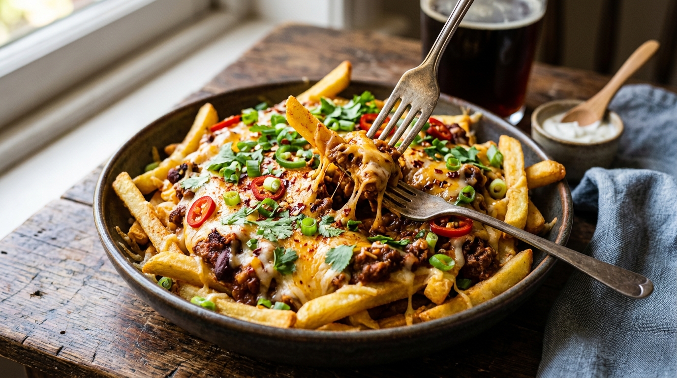 Masala Chilli Cheese Fries with melted cheese