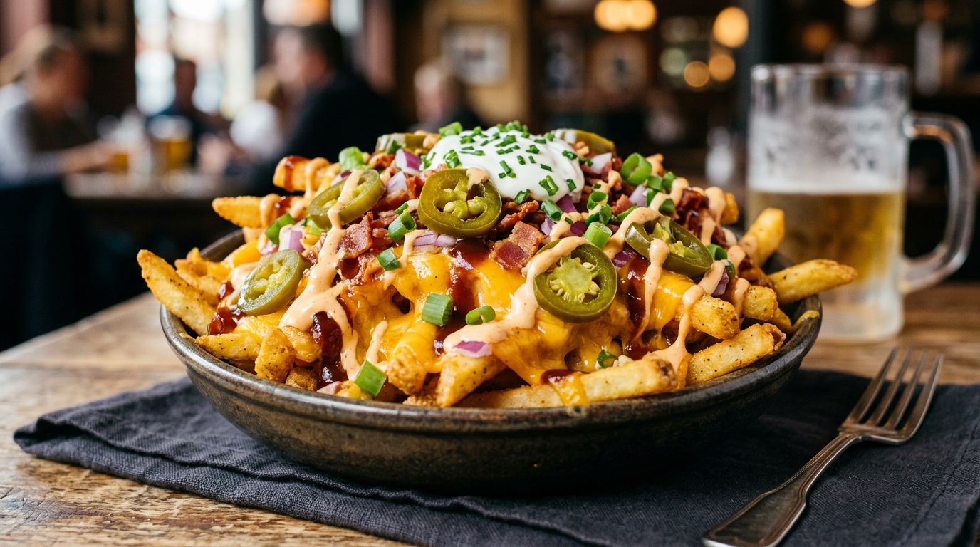 Loaded cheese fries with jalapeños and special sauce