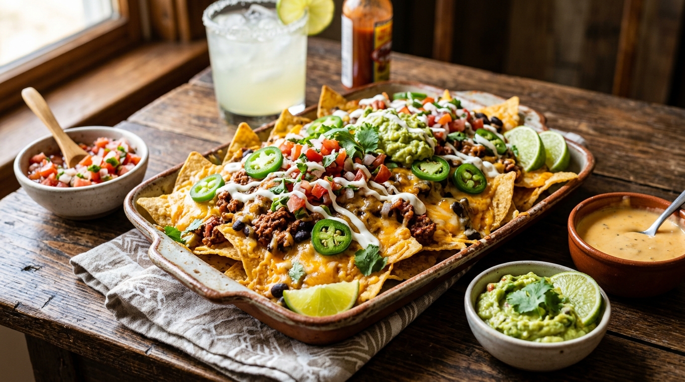 Loaded Mexican Nachos with guacamole and sour cream