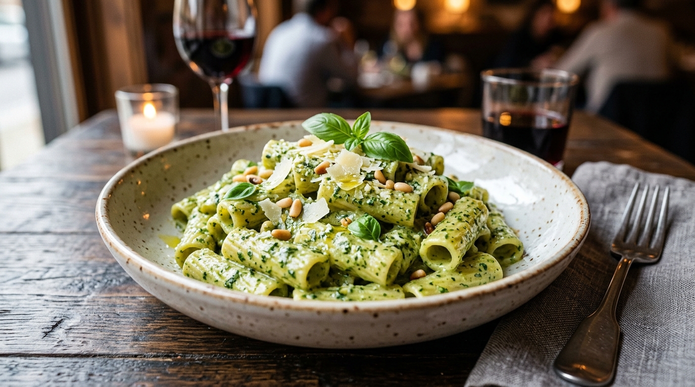 Creamy Pesto Pasta with garlic bread
