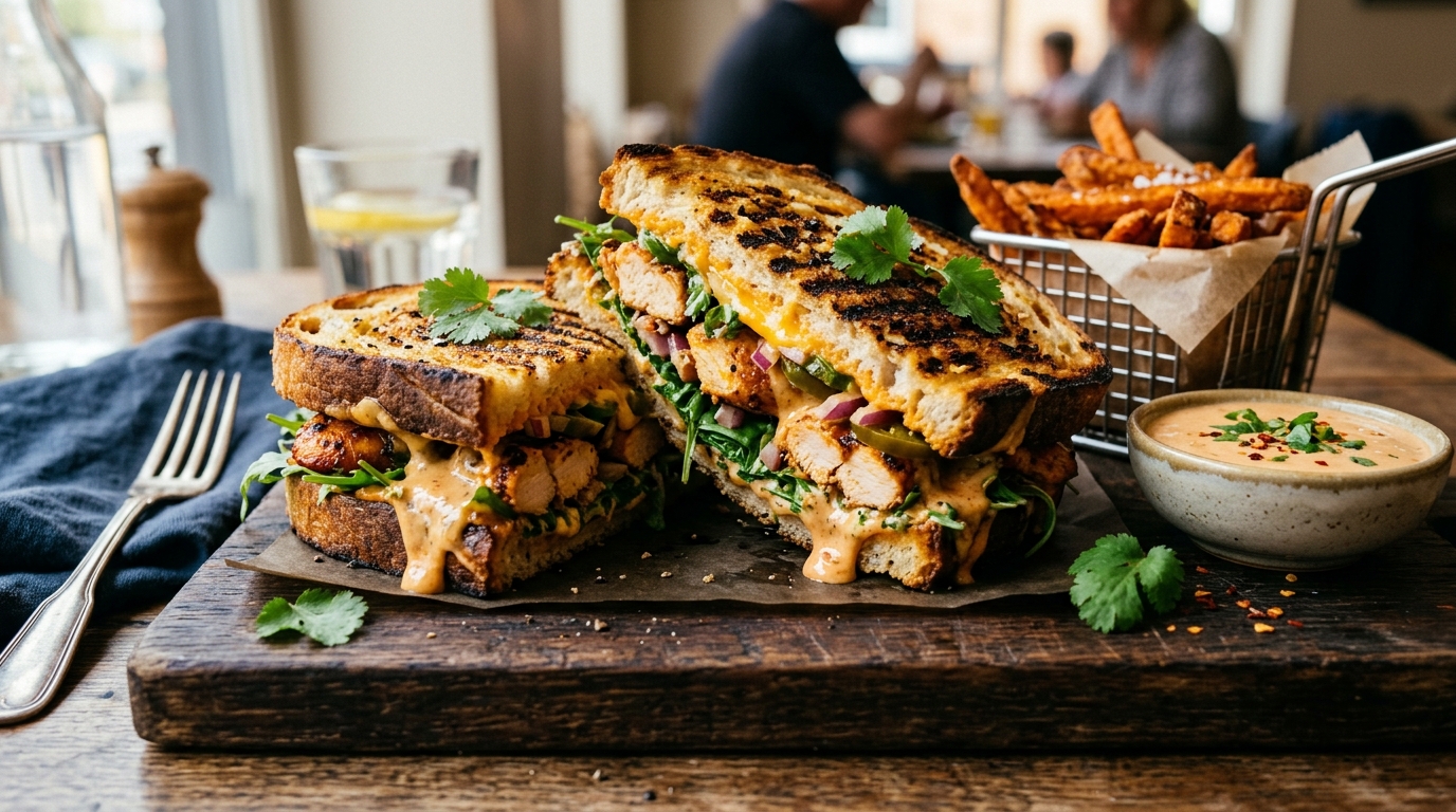 Spicy grilled sandwich with fresh greens and chipotle sauce