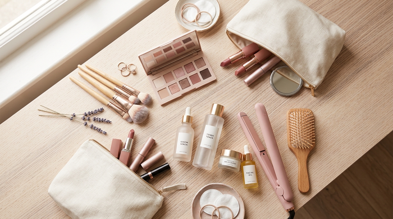 Makeup tools and skincare essentials
