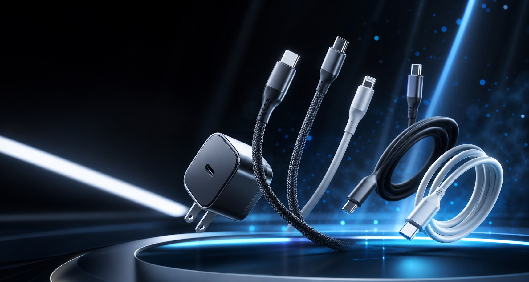Premium RKY charging cables and charger accessories floating in a futuristic studio
